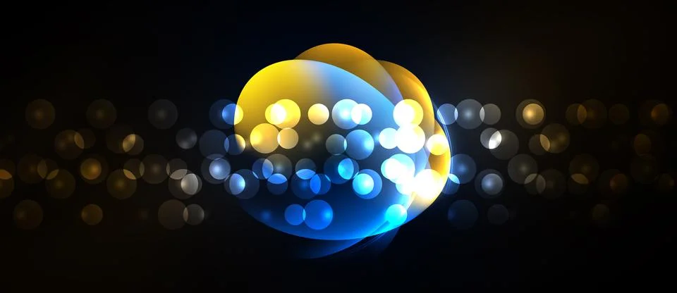 Bright circles overlap, creating luminous effect. Background is dark, dotted Stock Illustration