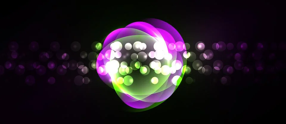 Bright circles overlap, creating luminous effect. Background is dark, dotted Stock Illustration