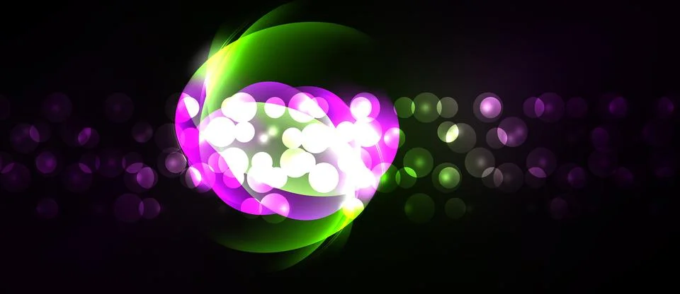 Bright circles overlap, creating luminous effect. Dark background emphasizes Stock Illustration