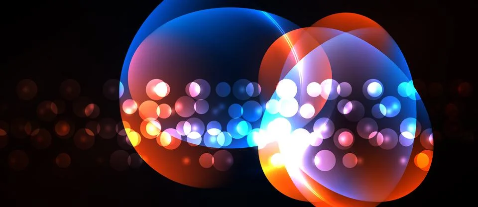 Bright circles overlap, creating luminous effect. Bokeh dots scatter across.. Stock Illustration