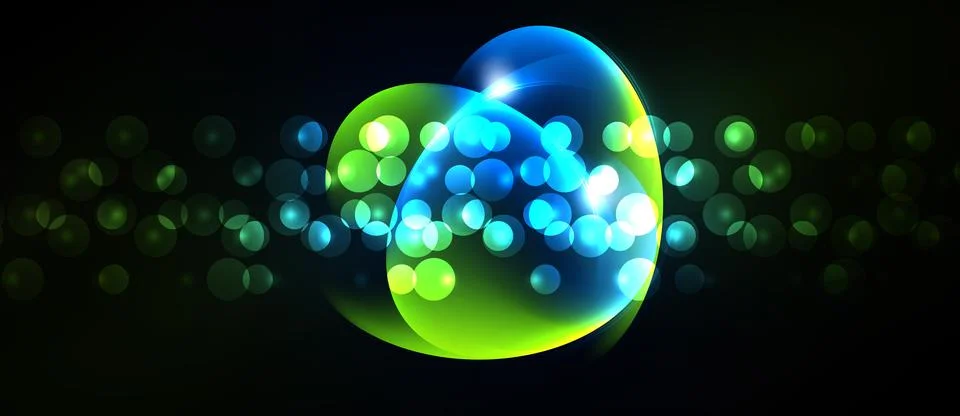 Bright circles overlap, creating luminous effect. Green, blue hues dominate.. Stock Illustration