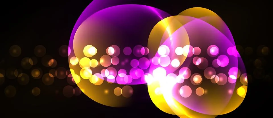 Bright circles overlap, creating luminous effect. Golden, purple hues dominat Stock Illustration