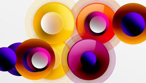 Bright circles overlap, creating vibrant gradients. Concentric lines add depth. Stock Illustration