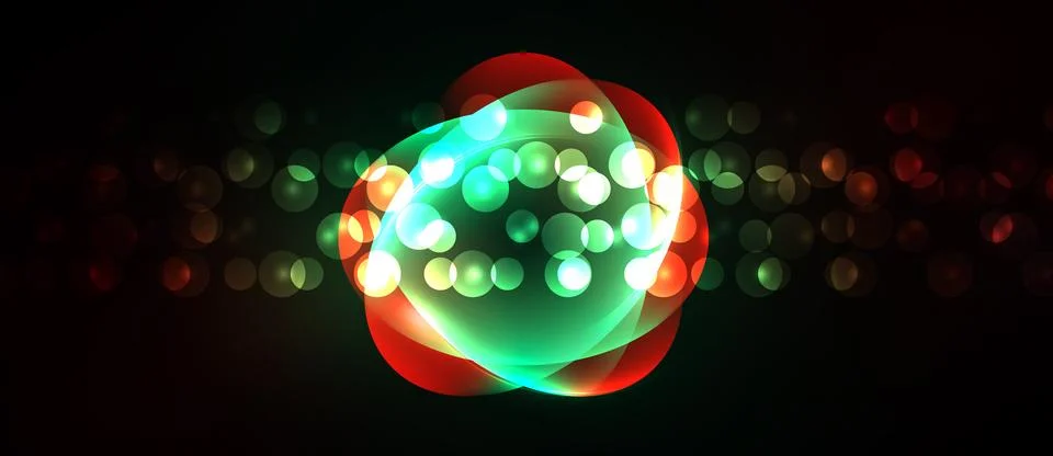 Bright circles overlap, creating vibrant glow. Dark background emphasizes Stock Illustration