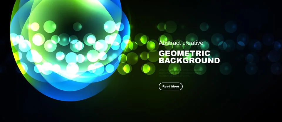 Bright circles overlap dark background. Gradient colors create dynamic visual Ilustración de archivo