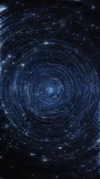 Bright circular star trails rotate across the dark night sky above Illustrazione stock