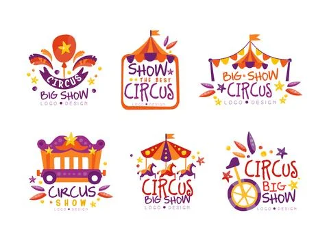 Bright Circus Logo Design with Balloon, Tent, Carousel and Monocycle Vector Set Stock Illustration