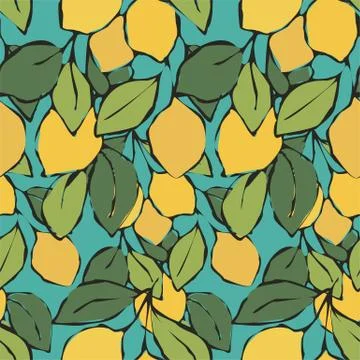 Bright citrus Seamless lemon pattern. Branch Fruits background. Leaves and Stock Illustration