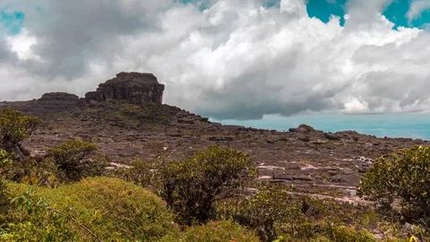 Bright, clear view of the surface of the Roraima tepui. with clouds behind Stock Footage 129355683
