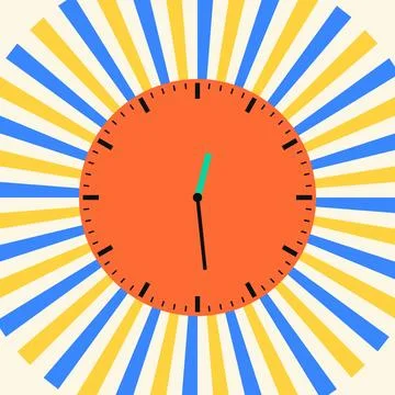 Bright clock with sunburst rays background showing time Stock Illustration