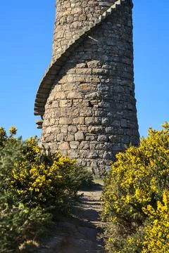 Bright close-up vertical view of Ballycorus lead mining and smelting tower Stock Photos