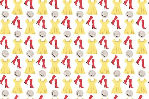 Bright clothes pattern. Dress, hat and boots on a white background Stock Illustration