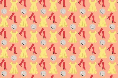 Bright clothes pattern. Dress, hat and boots on an orange background Stock Illustration
