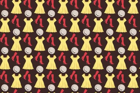 Bright clothes pattern. Dress, hat and boots on a brown background Stock Illustration