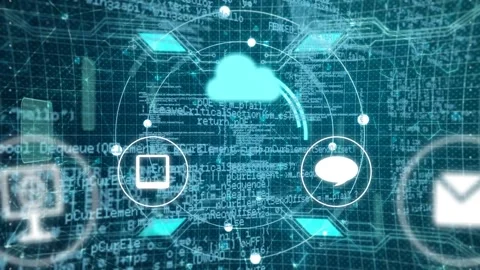 Bright cloud appearing, ring forming, arc rotating, icons orbiting then Stock Footage 335465663