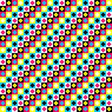 Bright CMYK Geometric Seamless Pattern with Vibrant Squares and Diamonds 스톡 일러스트