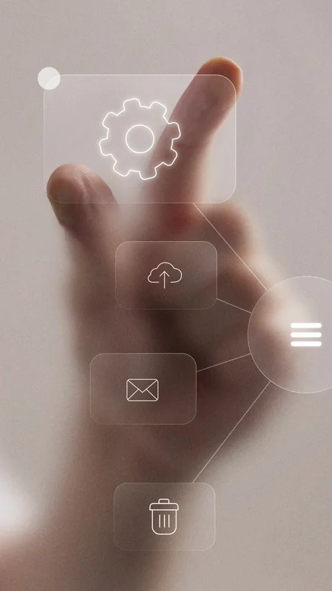 Bright collage of finger touching digital menu with futuristic icons for Stock Footage 318713555