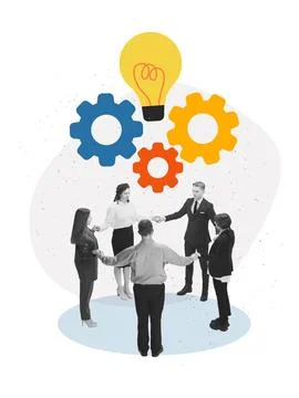Bright collage of teamwork circle beneath colorful gears and glowing lightbulb 写真素材