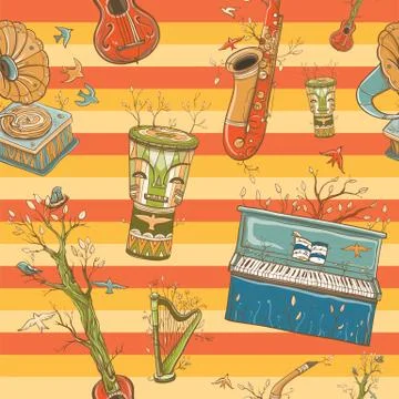 Bright coloful seamless pattern with musical instruments Stock Illustration