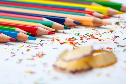 Bright color palette of crayons on the table Stock Photos