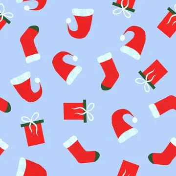 Bright colored Christmas elements and gifts on a blue background - Santa Clau 스톡 일러스트
