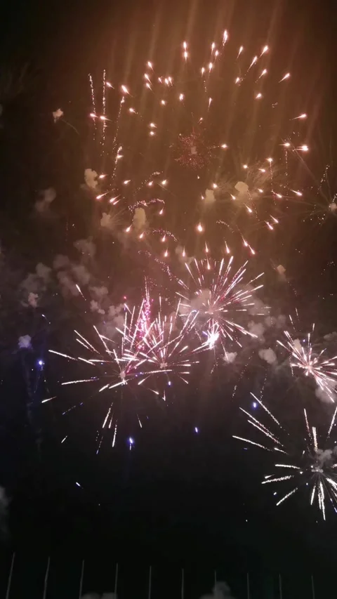 Bright colored flashes of festive fireworks against the night sky. Stock Footage 330123922