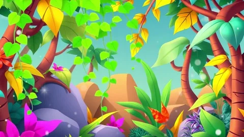 Bright Colored Jungle View: Fun Cartoon with Purple Flowers and Light Blue Tree Video stock 308847161