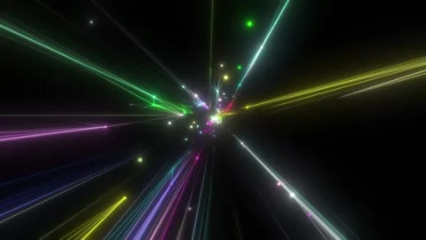 Bright colored laser beams shoot out in a frantic rhythm against a black Stock Footage 160435089