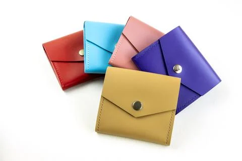Bright colored leather wallets. on a white background Stock Photos