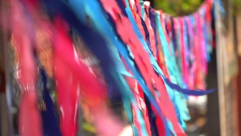 Bright colored ribbons fluttering wind. Multicolored ribbons sway wind. India Stock Footage 120594732