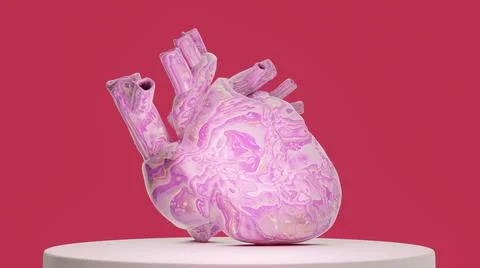 Bright colored shiny unusual creative anatomical heart on stand, 3d render Stock Illustration
