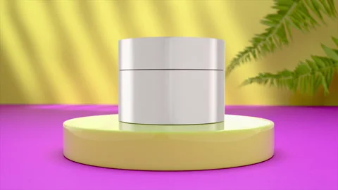 Bright colored skincare container on circular platform Stock Footage 312815345