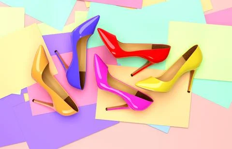 Bright colored women's shoes on a solid background. 3D rendering illustration. Stock Illustration