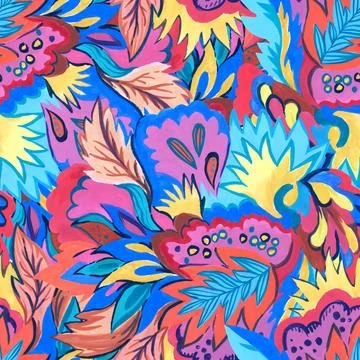 Bright colorful abstract pattern with oraganic shapes and nature elements. .. Stock Illustration