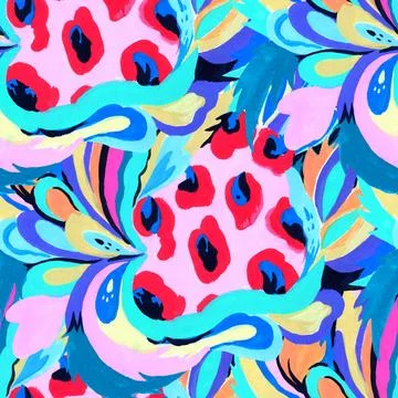 Bright colorful abstract pattern with oraganic shapes and nature elements. .. Stock Illustration