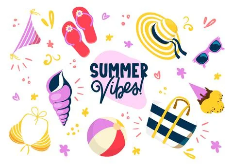 Bright colorful beach items and text. Stock Illustration