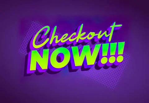 Bright colorful checkout now sign with purple background Stock Illustration