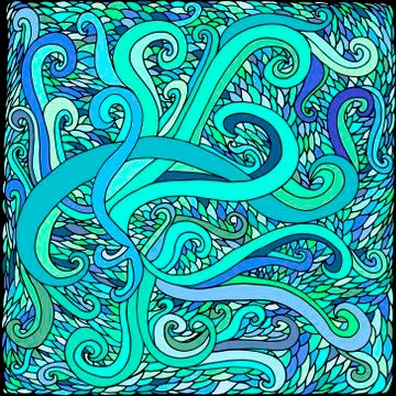 Bright, colorful doodle psychedelic background, waves and scales Stock Illustration
