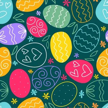 Bright, colorful Easter print with eggs, flowers and leaves 스톡 일러스트