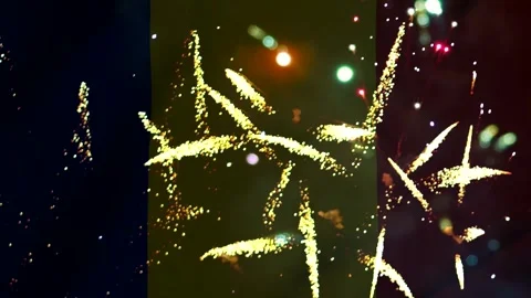 Bright colorful fireworks display exploding in the night sky over the flag .. Video stock 343690189
