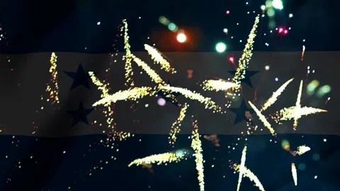 Bright colorful fireworks exploding against the national flag of honduras b.. Video stock 343690241
