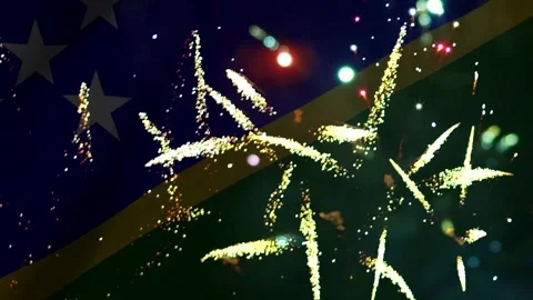 Bright colorful fireworks exploding against the national flag of Solomon Is.. Video stock 343690245
