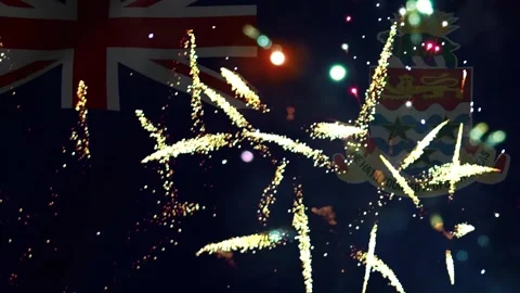 Bright colorful fireworks exploding against the national flag of the Cayman.. Vídeo Stock 343690248