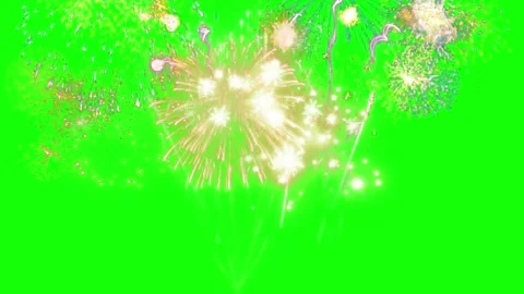 Bright colorful fireworks exploding against a solid green screen background Stock Footage 345303901