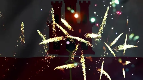 Bright colorful fireworks exploding in front of a traditional red castle il.. Video stock 343690250