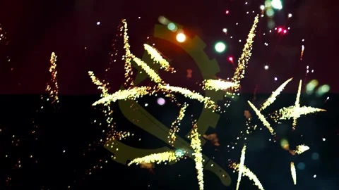 Bright colorful fireworks exploding in front of the national flag of angola Video stock 343690264