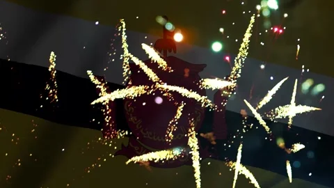 Bright colorful fireworks exploding in front of the national flag of brunei.. Video stock 343690268