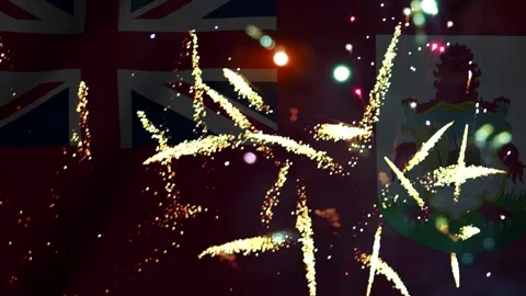 Bright colorful fireworks exploding in front of the national flag of bermud.. Stock Footage 343690272