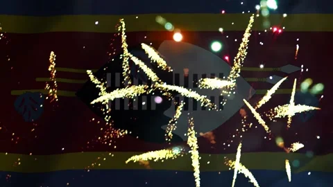 Bright colorful fireworks exploding in front of the national flag of Eswatini Stock Footage 343690274