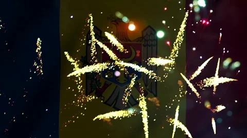 Bright colorful fireworks exploding in front of the national flag of moldov.. Video stock 343690287